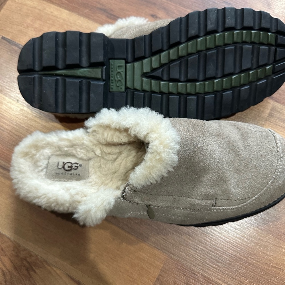 UGG Tan Suede Mules with Cream Fur Lining - Picture 3 of 5